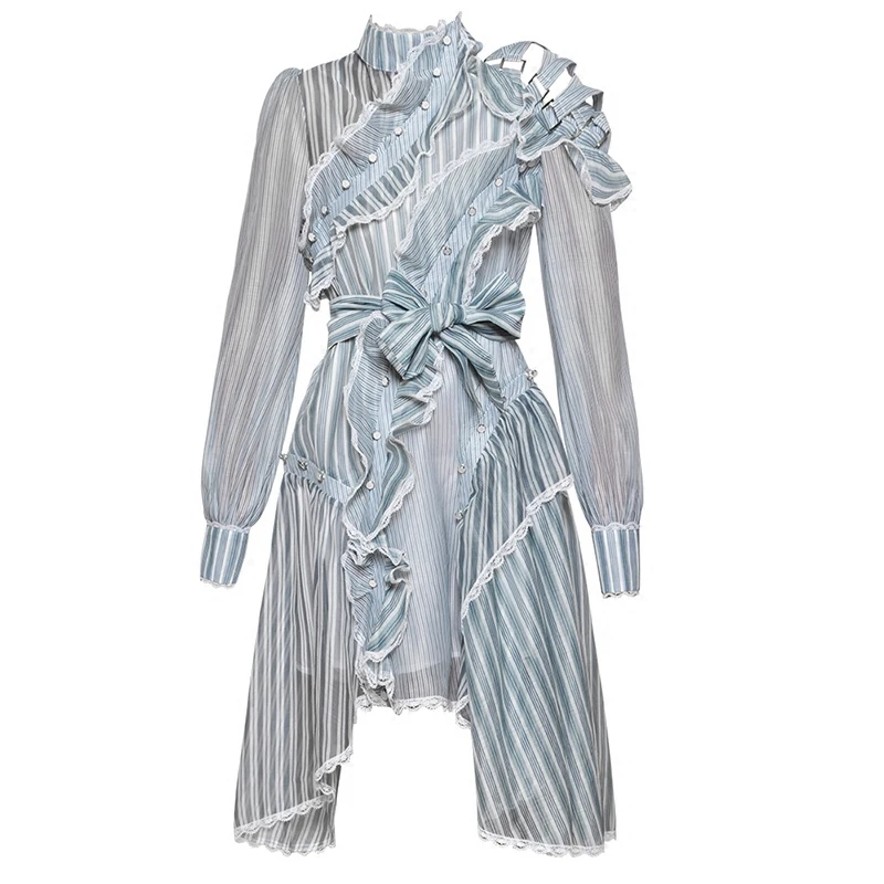 

Runway Dress 2018 Summer Women Long sleeve stripe Asymmetrical Ruffles Lace Sashes Dress