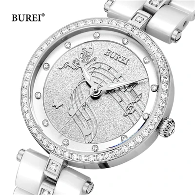 Бренд BUREI, женские часы, водонепроницаемые, модный керамический браслет, кварцевые наручные часы, женские, черные, золотые, белые, Relogio Feminino - Цвет: SilverWhite