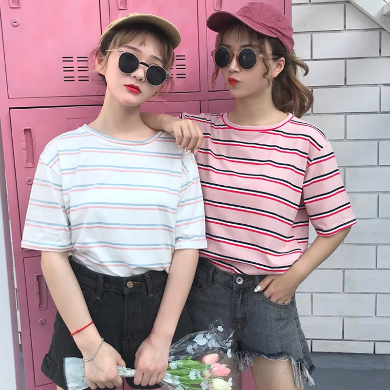 

kawaii pink white Striped Tshirt Women College Street Girls Casual Vintage Tee top Female Fashion Basic Korean Camiseta Feminina