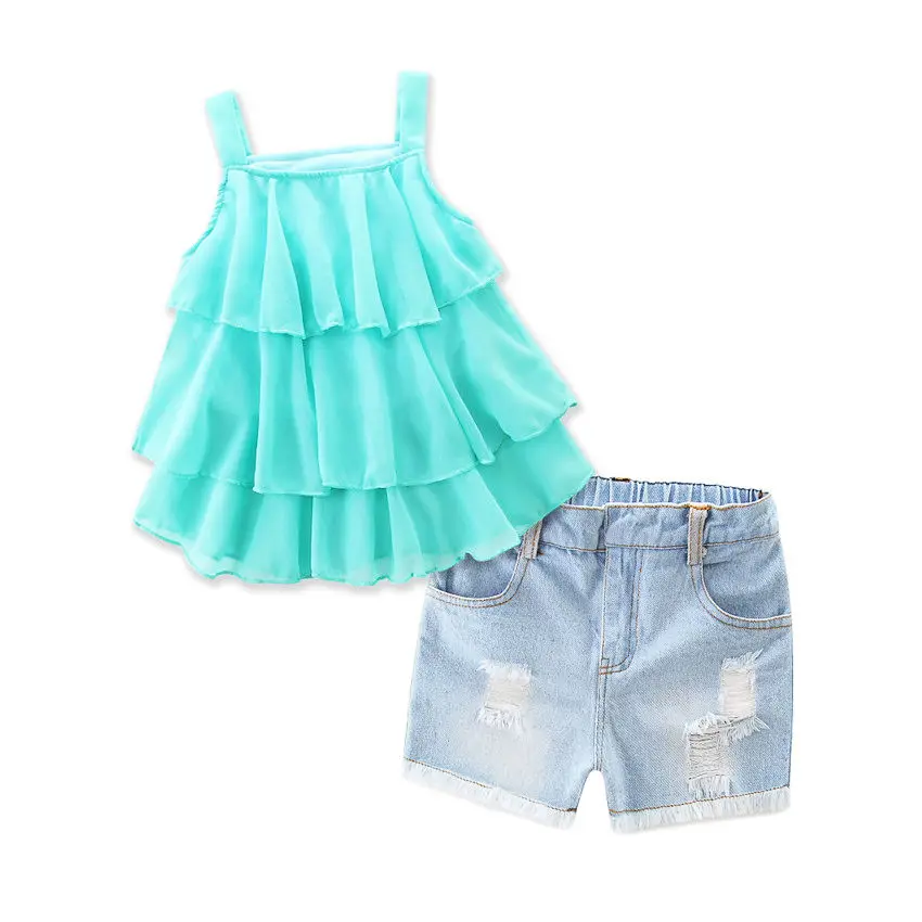 

New Fashion 2Pcs Set Toddler Kids Child Girls Off Shoulder Ruffle Solid Tops Shirt Short Denim Shorts Outfits 1-7T