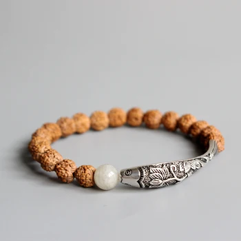 

New Trend Rudraksha Seed Beads Traditional Chinese 925Silver Lotus&Fish Charm Bracelet For Women Ethnic Elegant Yoga OM Jewelry