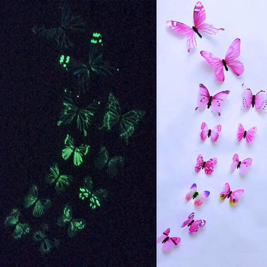 12pcs Luminous glow in dark Butterfly Design Decal Magnetic magnet sticking 3D double feather butterfly fridge stickes 802