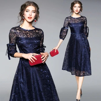 

2018 spring new european fashion long blue women dress lantern sleeve posed lace a-line dress style vogue o neck design brand