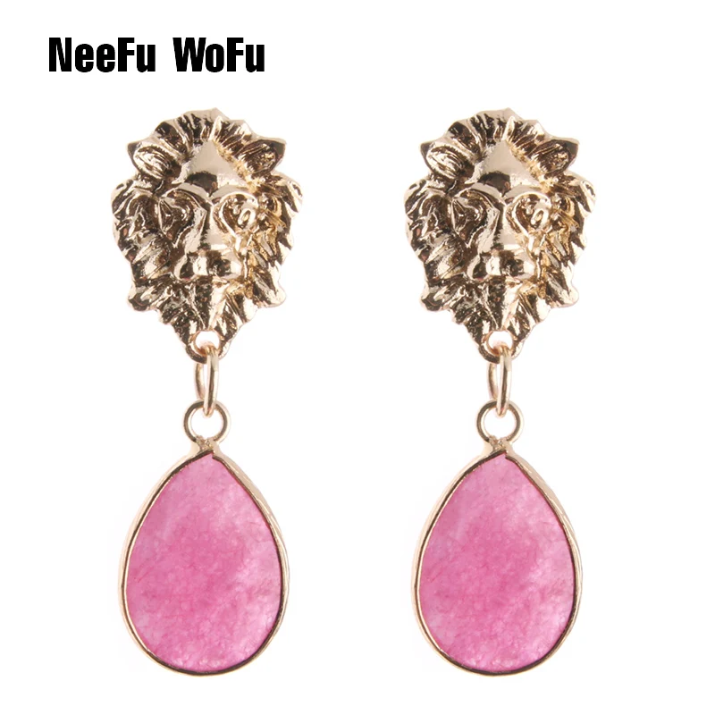 

NeeFu WoFu 2018 New Drop Earrings Natural stone Earring Lion Head Big Earring For Woman Large Long Brinco Ear Oorbellen Gift