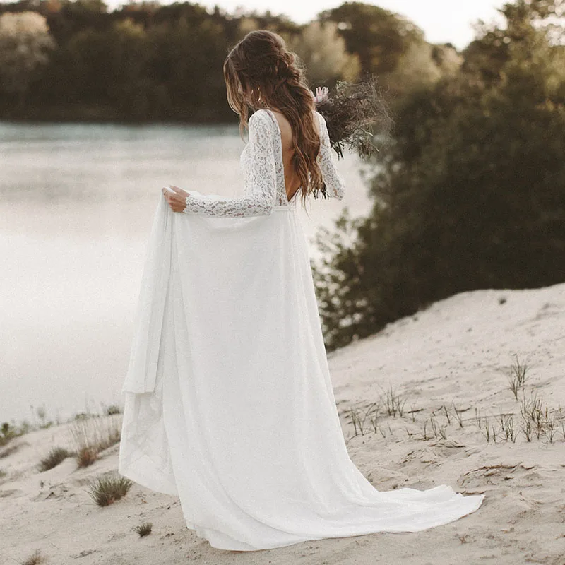 

High Quality Beach Wedding Dress Long Sleeve Boho V Neck Open Back bridal dresses 2018 Princess Lace Chiffon Wedding Gow