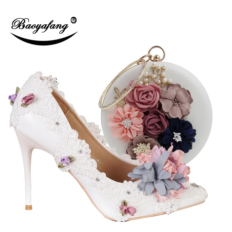 BaoYaFang New Pointed Toe Women Wedding shoes with matching bags Bride High shoes Thin heel Ladies Pumps and purse set BaoYaFang New Pointed Toe Women Wedding shoes with matching bags Bride High shoes Thin heel Ladies Pumps and purse set