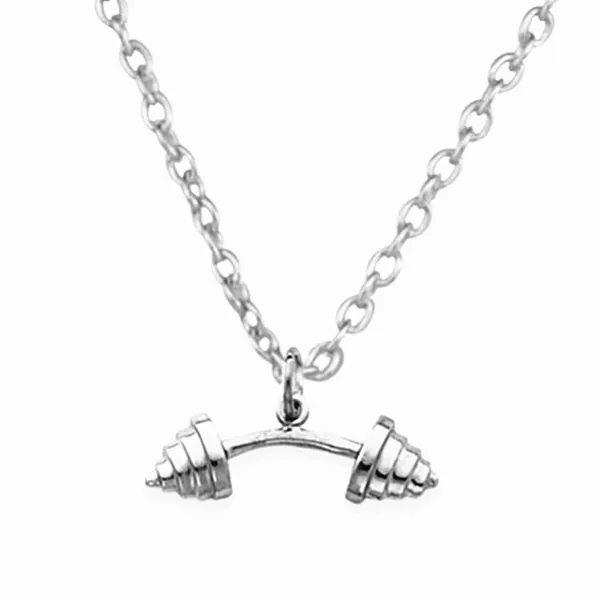 DOUBLE NOSE Rhodium Tone Dumbbell Fitness Gym Necklace Chain Bodybuilding Necklace Fashion Gym