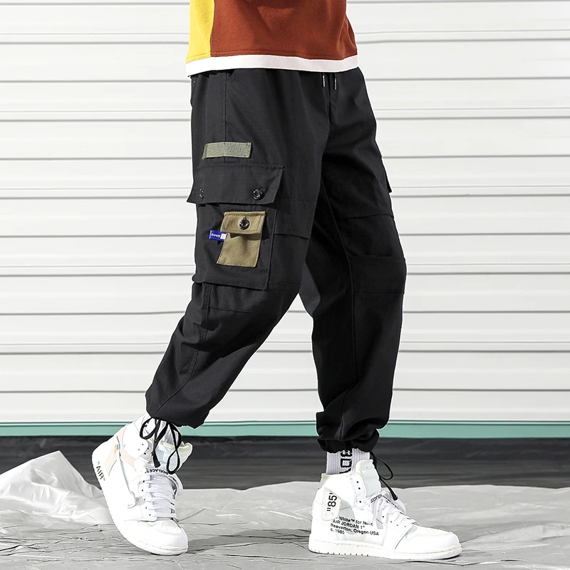 

Hip Hop Men Joggers Streetwear Casual Cargo Pants Big Pockets Buttons Straight Full Length Pant Solid Black Loose Trousers