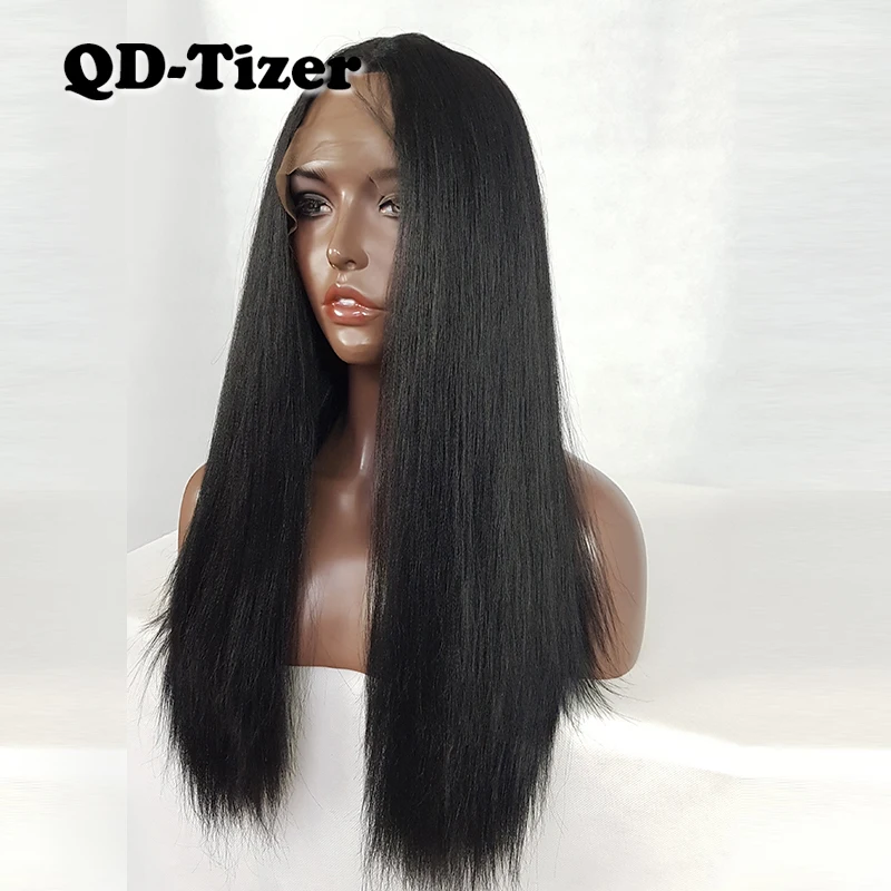 

QD-Tizer Yaki Straight Black Synthetic Lace Front Wigs #1B Glueless Heat Resistant Fiber Replacement 180% Long Hair Wigs