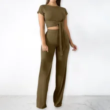 Crop Top and Long Pants Set Sexy Autumn Short Sleeve Tracksuit Women Lace-up solid color short-sleeved wide-leg pants suit