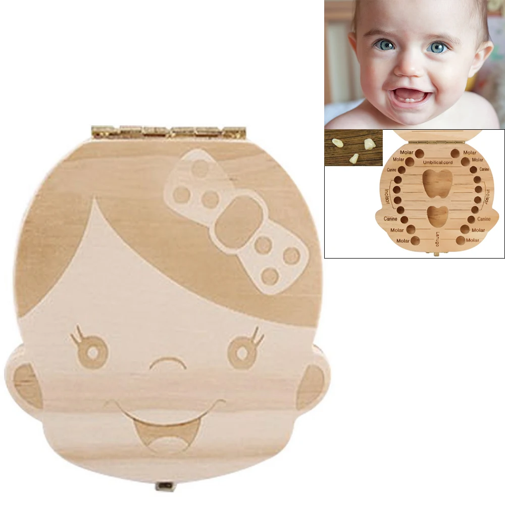 English Wooden Tooth Box Baby Milk Teeth Save Organizer Kids Boy Girl Wood Storage Boxes Collect