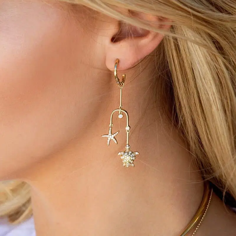 

New JUIN Turtle Star Stud Earring Women Animal 925 Sterling Silver Zircon Beach Cool Egypt Temple Wedding Asymmetry Jewelry