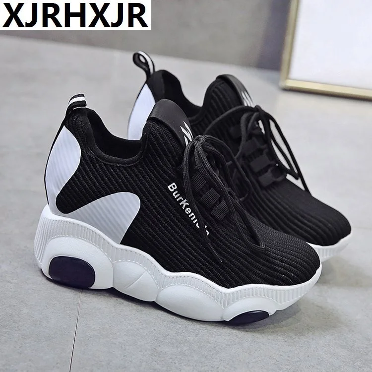 

2019 Women White Platform Wedge Sneakers Ladies Chunky Sneakers Female Hidden Heels Shoes Woman Height Increasing 8.5cm Trainers