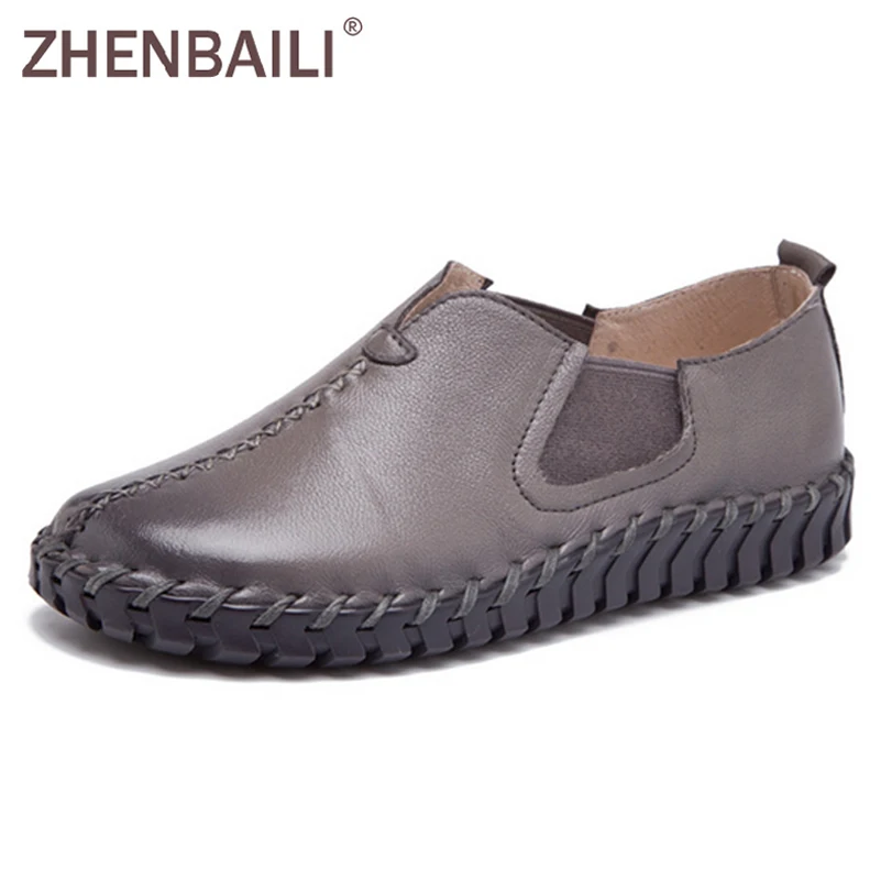 

ZHENBAILI Loafers 2017 Spring Fashion Sewing Shoes With Elastic Band Soft Comfortable Genuine Leather Casual Flat Shoes Women