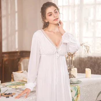 

Free Shipping 2018 New Princess Women's White Long Pyjamas Lace Nightgown Summer Sleepwear Ladies pijamas femininos