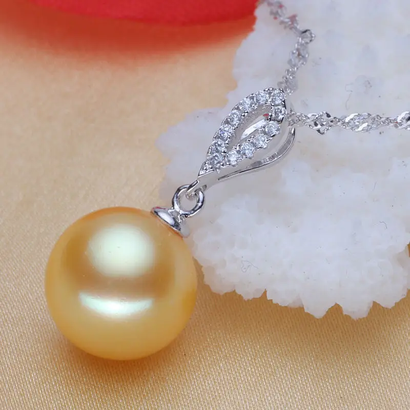 

10-11MM NATURAL SOUTH SEA GENUINE GOLDEN PEARL PENDANT SILVER CHAIN