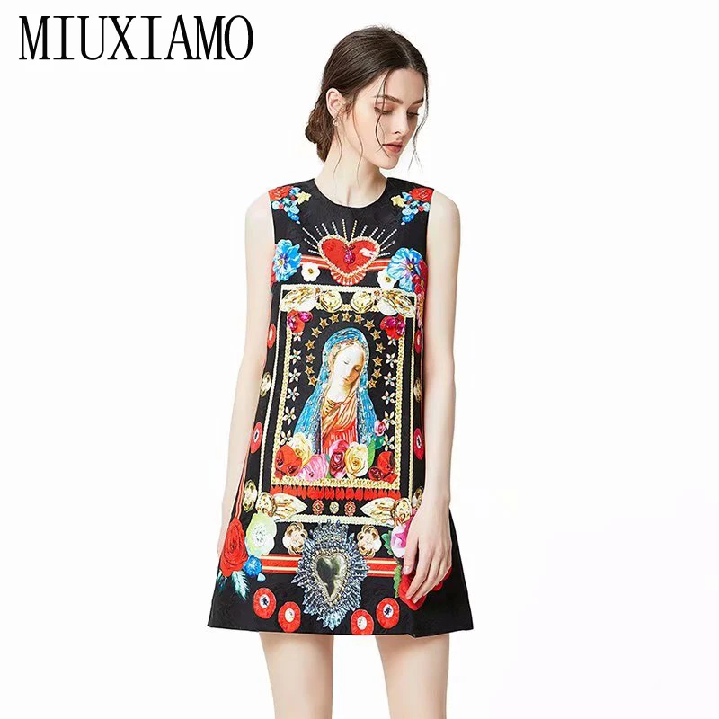 

MIUXIMAO 2019 Newest Spring & Summer Fashion A-Line O-Neck Virgin Mary Print Diamonds Elegant Print Above Knee Dress Women