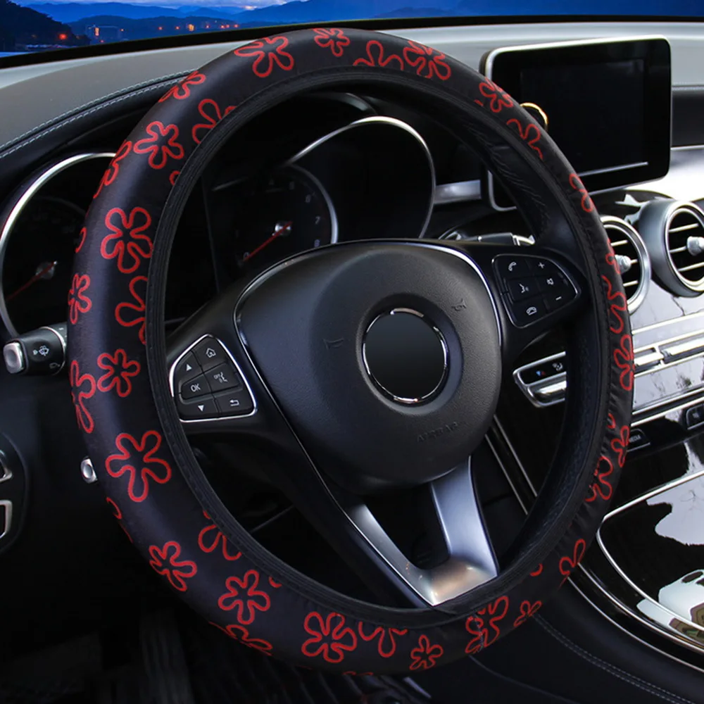 Red Flowers FORAUTO чехол рулевого колеса автомобиля с цветочным принтом Противоскользящий автомобильный Стайлинг эластичный 38 см рулевые Чехлы универсальные аксессуары для интерьера - Название цвета: Red Flowers