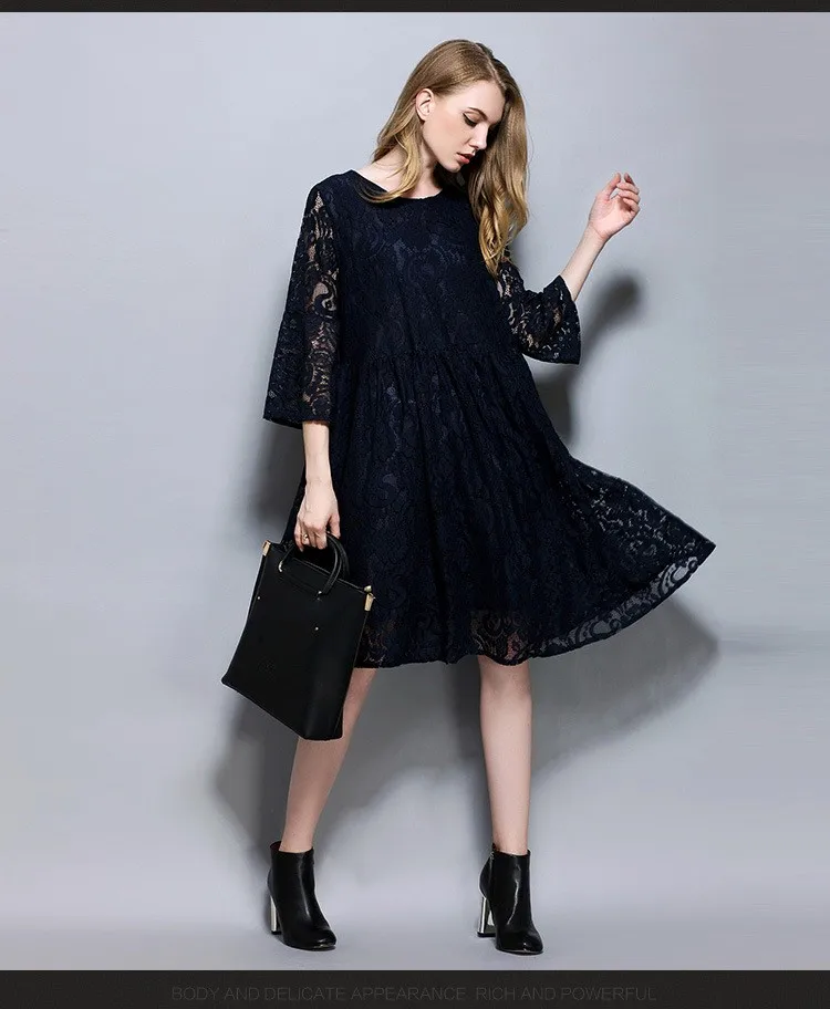 European design spring autumn women floral lace dresses plus size 4XL hollow lace women pleated dress gray blue color