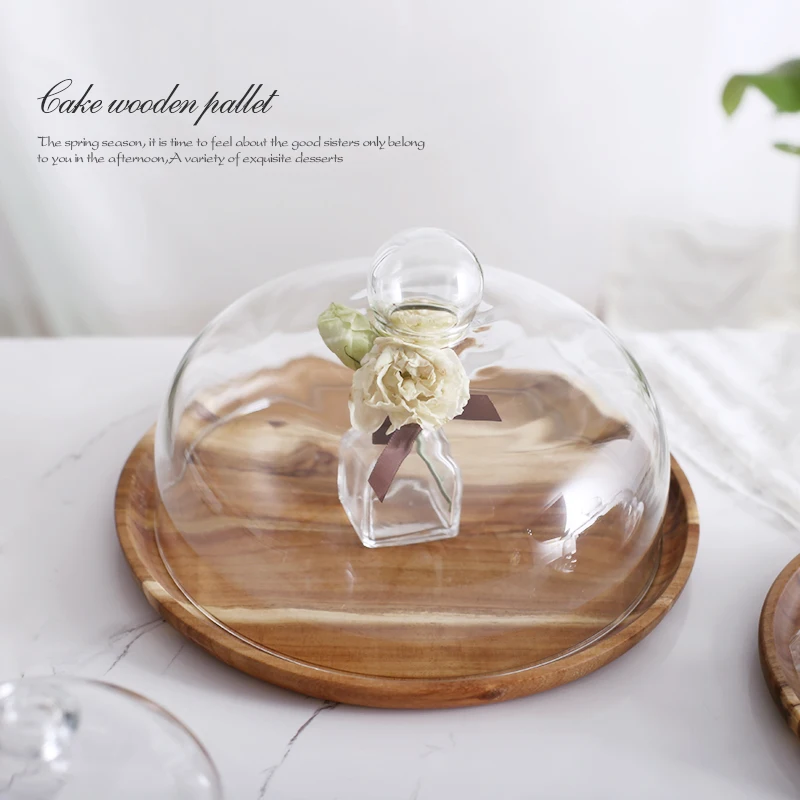  Acacia Wooden Cake Plate with Cover Fruit Dessert Serving Trays Creative Wedding Birthday Party Aft