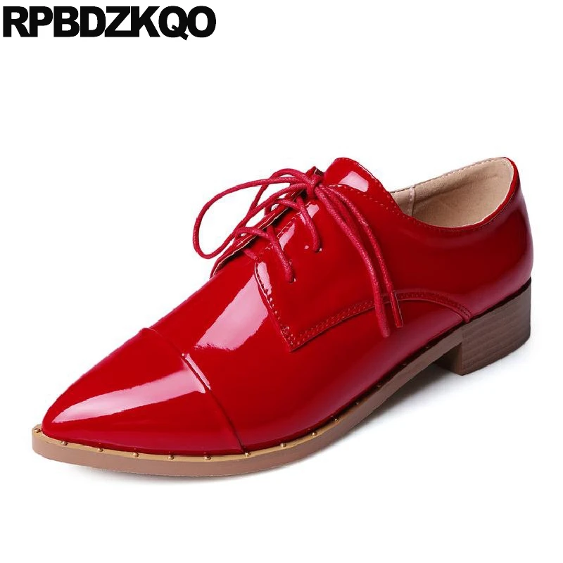 

11 Size 41 10 Big Rivet Large Pointed Toe Women Low Heel Metal Patent Leather 2017 Oxfords Stud British Style Shoes Lace Up Red