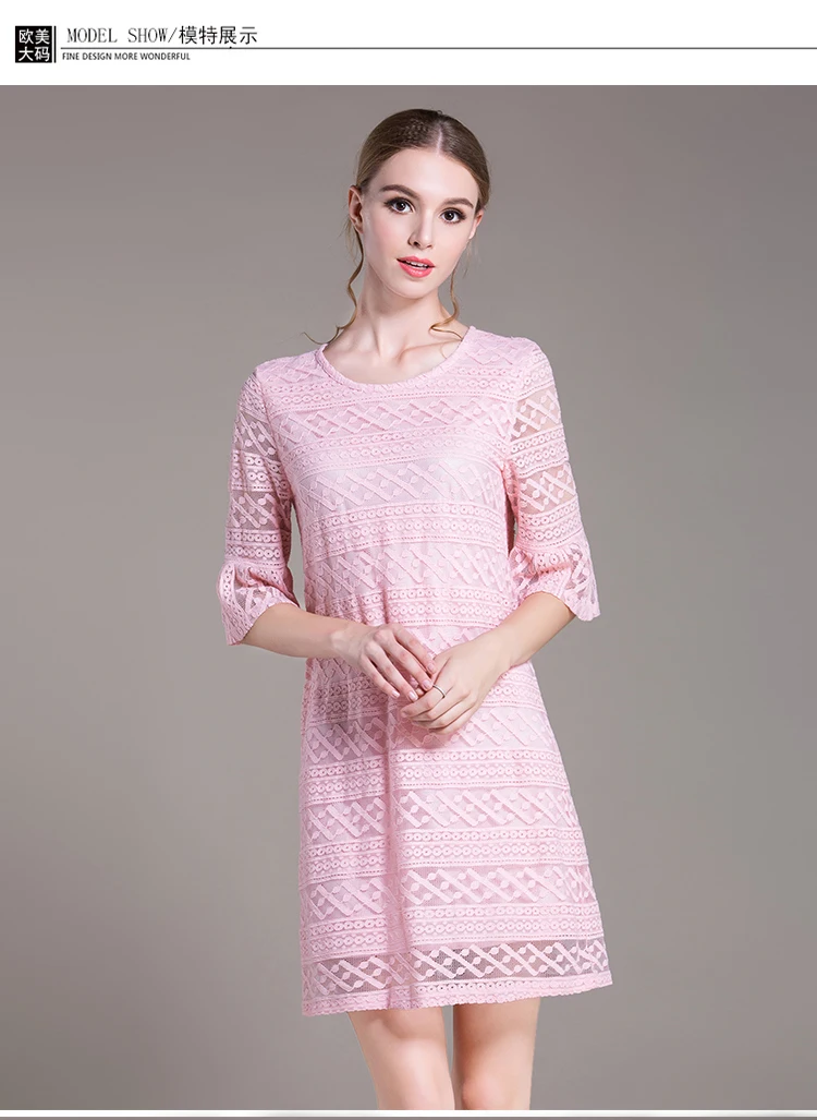 Большие размеры, женское платье, L-5XL, высококачественное, летнее, весеннее платье, расклешенное, рукав выше колена, модное, повседневное, милое, мини, розовое, кружевное платье