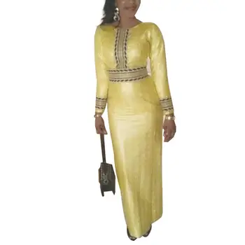 

Women African Clothes Lady Long Sleeves Patchwork Muslim Gold Maxi Dresses High Waist Formal Long Dress Wedding Africa Costume