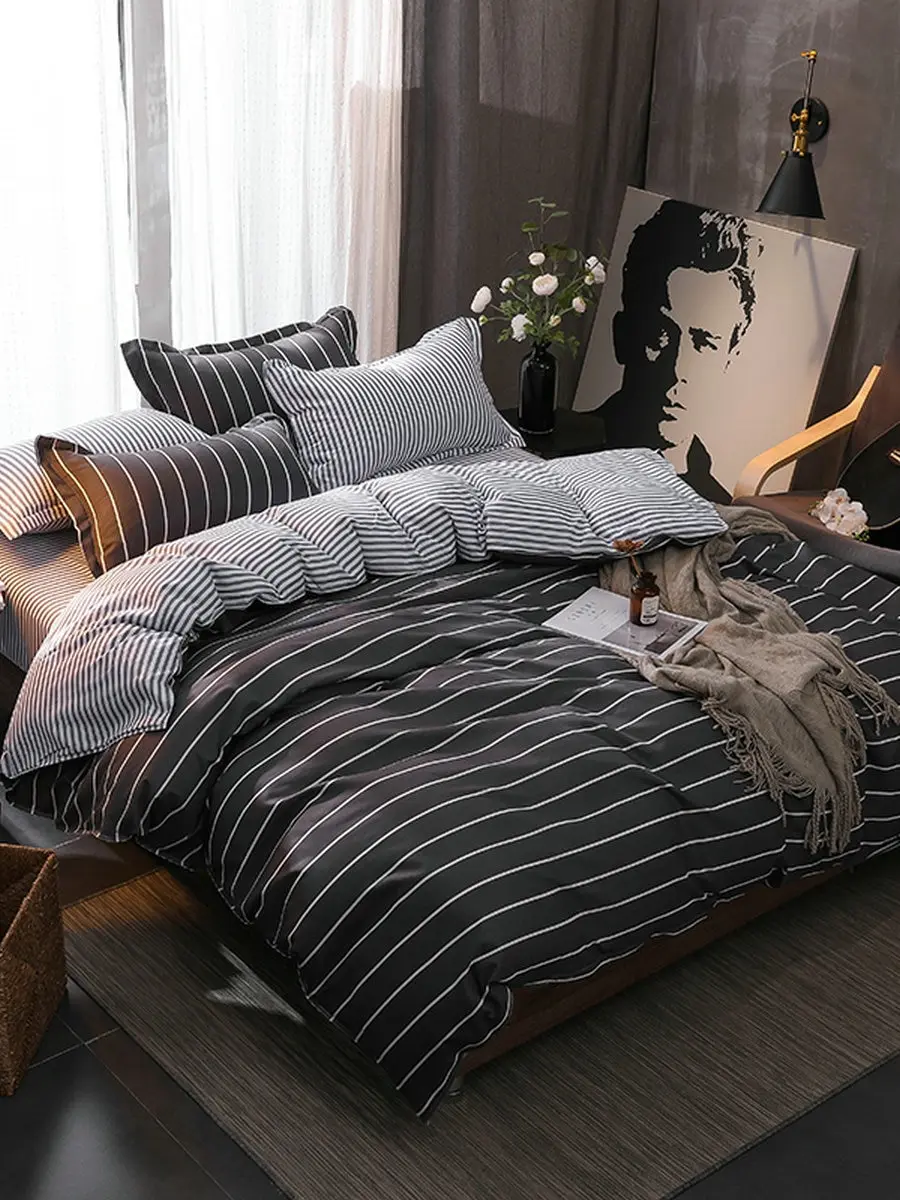 

3/4 Pcs Bedroom Bedding Set Brief Striped Pattern Comfy Bed Linens
