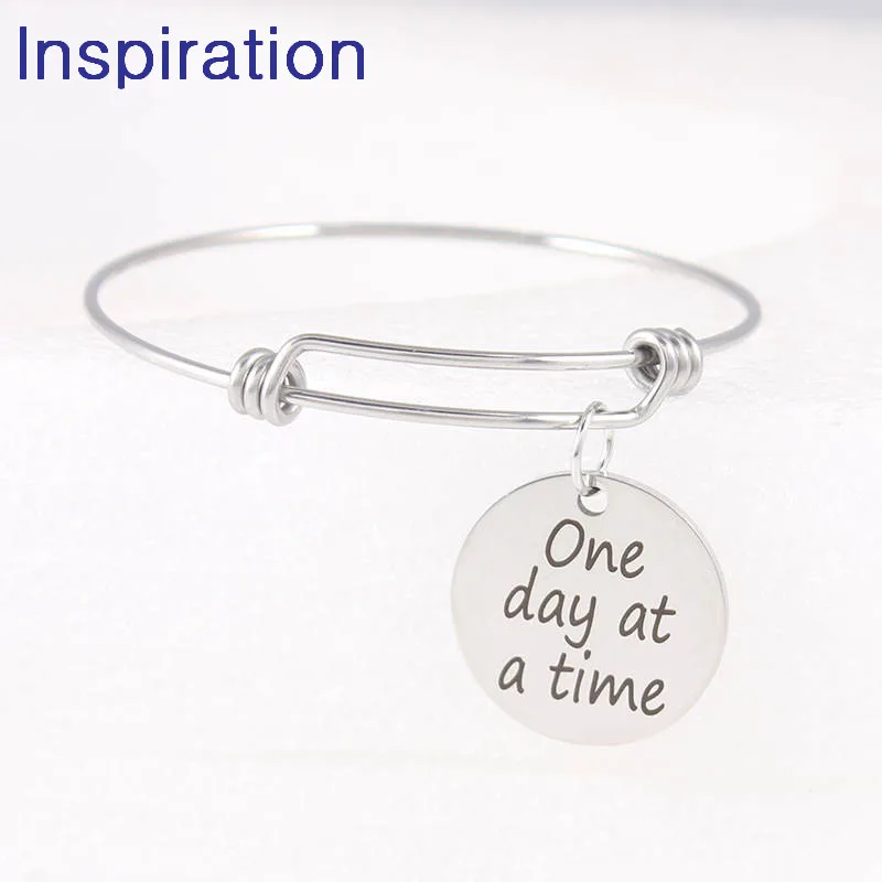 

Dropshipping Stainless Steel Expandable Wire Charm Bracelet With One Day At A Time Charm Bracelets Bangles Inspirational Jewelry