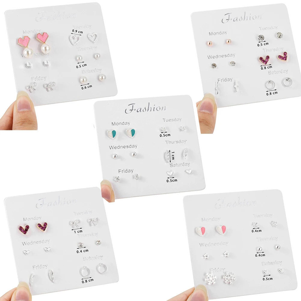 

6 Pairs/set New Simple Design Earrings for Women Star Round Bow Heart Shape Cute Lady Earring Monday To Saturday Trendy Jewelry