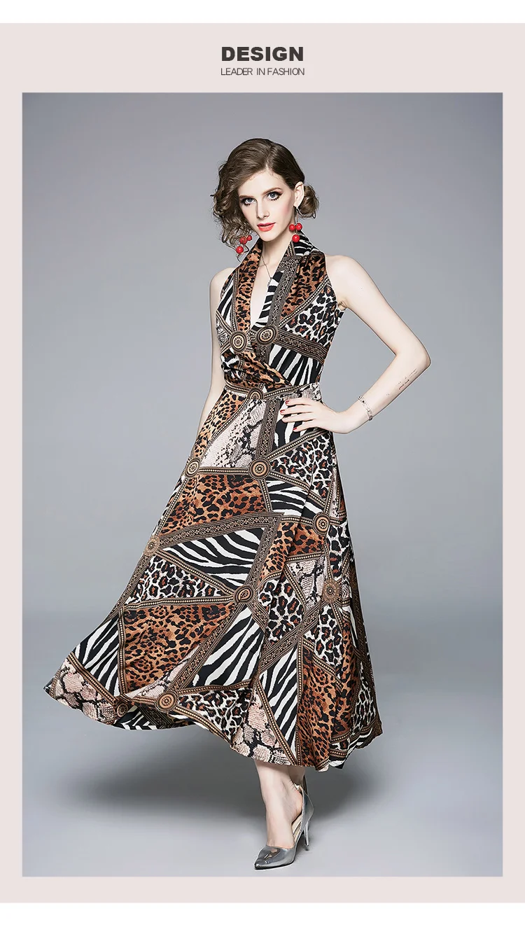 Banulin модное дизайнерское подиумное летнее женское платье Холтер v-образный вырез с открытыми плечами Леопардовый принт, сексуальный