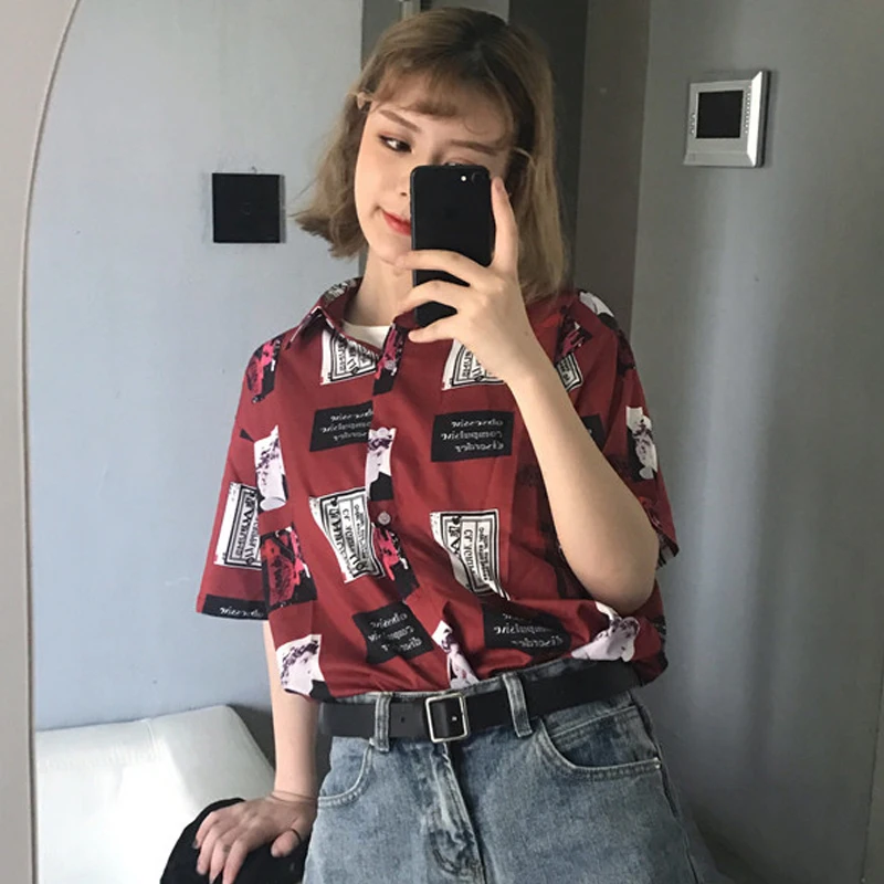

Mazefeng 2018 Summer Shirts Female Print Retro Women Casual Shirts Loose Women tops Fashion Women Bottoming shirt Short Sleeves