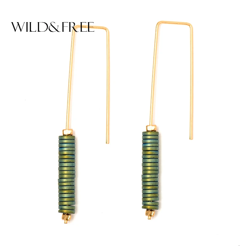 

Wild&Free Vintage Handcraft Green/Brown Stone Geometric Dangle Earrings High Quality Gold Hook Long Beads Earring For Women
