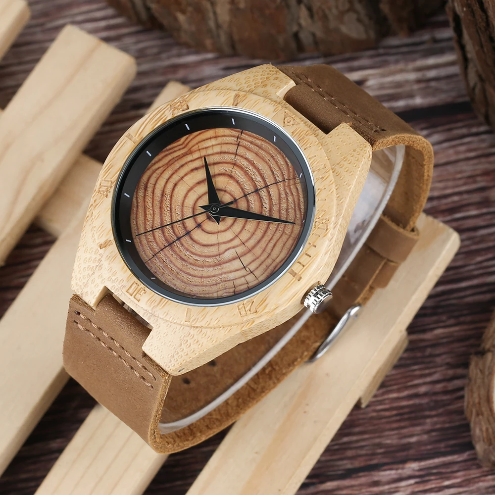 Growth Ring Dial Women Bamboo Wood Watch Brown Geunine Leather Strap Men Female Wooden Quartz Watches Handmade Wood Clock Reloj (8)