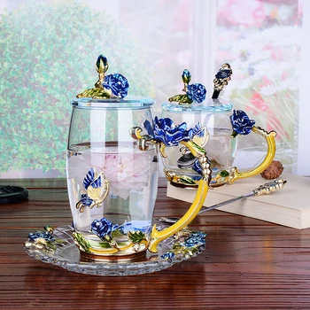 

Blue Rose Blossom Decorated glass cup Enamel Coffee Cup Mug Flower Tea Glass Milk Cups Alloy Handgrip Cups and Mugs Gift