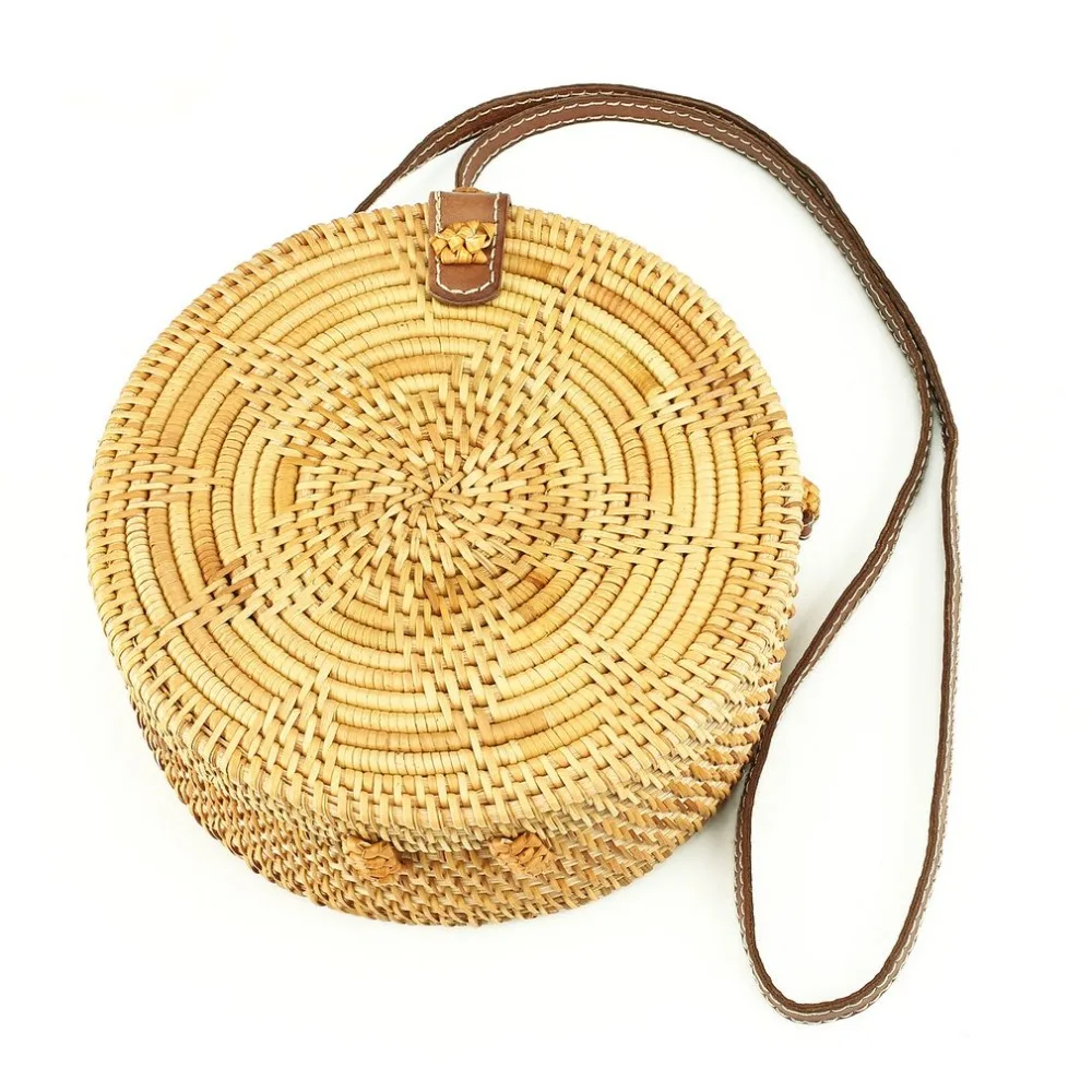 Five star Pattern Buckle Round Straw Bag Circle Rattan Straw Beach Shoulder Bag Handmade handbag