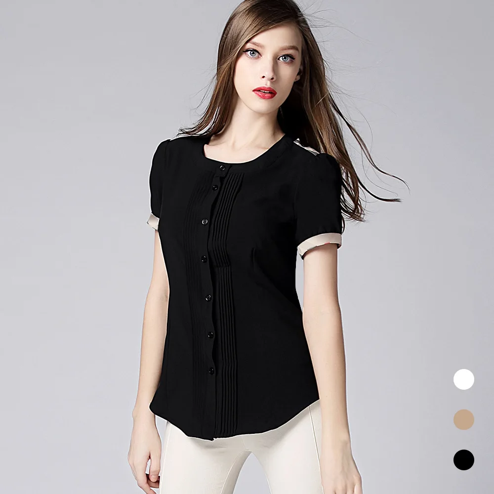 Летняя женская шифоновая блузка рубашка классические топы Повседневная круглая шея кнопка тонкая Офисная Женская рубашка Элегантная женская мода - Цвет: Черный