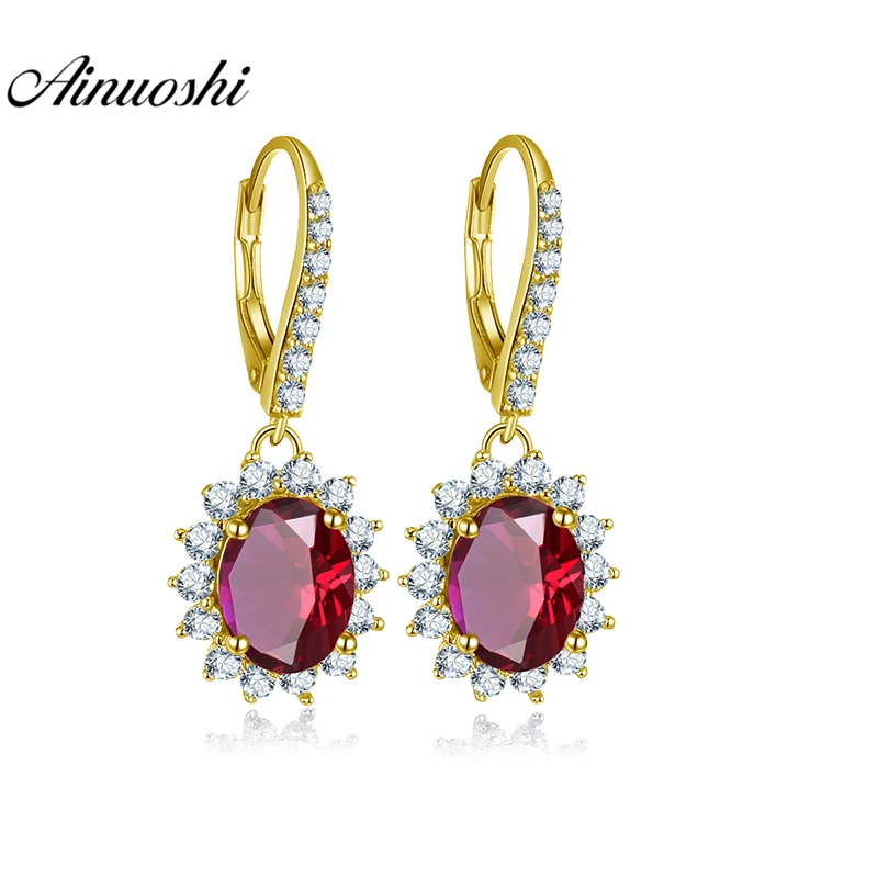 

AINUOSHI 10K Yellow Gold Drop Earring 4ct Oval Cut Red Color SONA Diamond Click Back Earring Pierced Earring Jewelry for Women