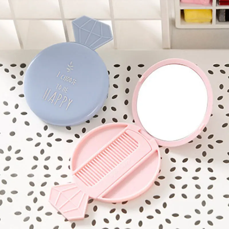 

HUAMIANLI Girls Mini Compact Mirrors Cute Makeup Mirror With Comb Portable Hand Diamond Shape Mirror Pink