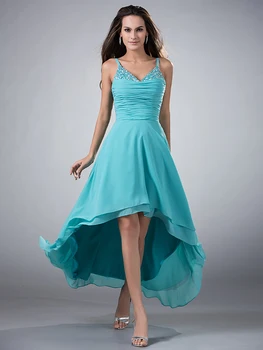 

High Low Turquoise Chiffon Beach Bridesmaids Dresses With Spaghetti Straps Short Front Long Back Informal Wedding Party Dresses