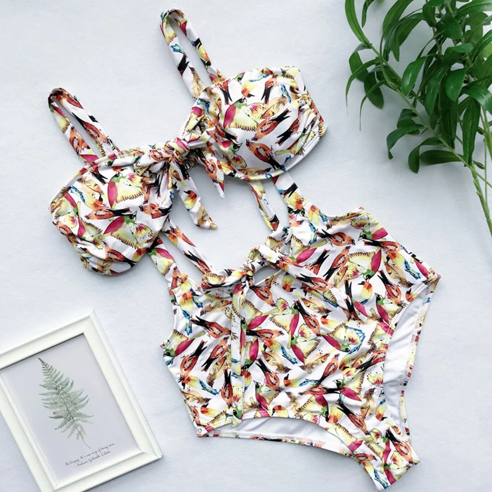 

Women Summer Padded European Style High Waist Sexy Strapless Bikini Set Swimwear Floral Print Swimsuit Bandage Beach One-Piece