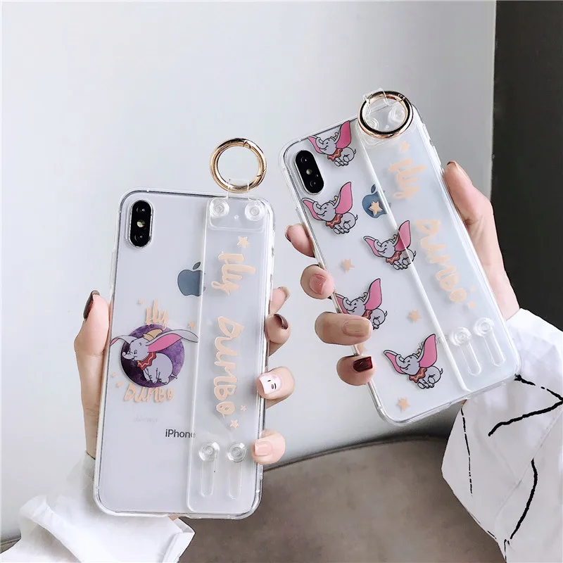 

Transparent Cute cartoon Dumbo IMD wrist strap Kickstand soft shell phone Case For Apple iphone 6 6s 7 8 Plus X XS XR MAX case