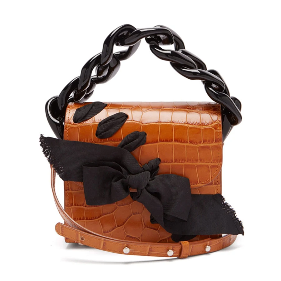 

New Women Handbag Acrylic Chain Small Square Bag Retro Bow Crocodile Pattern Handbag Women Shoulder Messenger Bag Bolso de mano