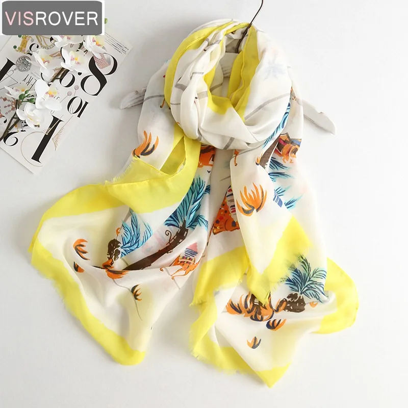 

VISROVER Boho Kawii Green scarfs summer viscose cactus scarf shawl women flamingo tropical print scarf tassel beach top dress