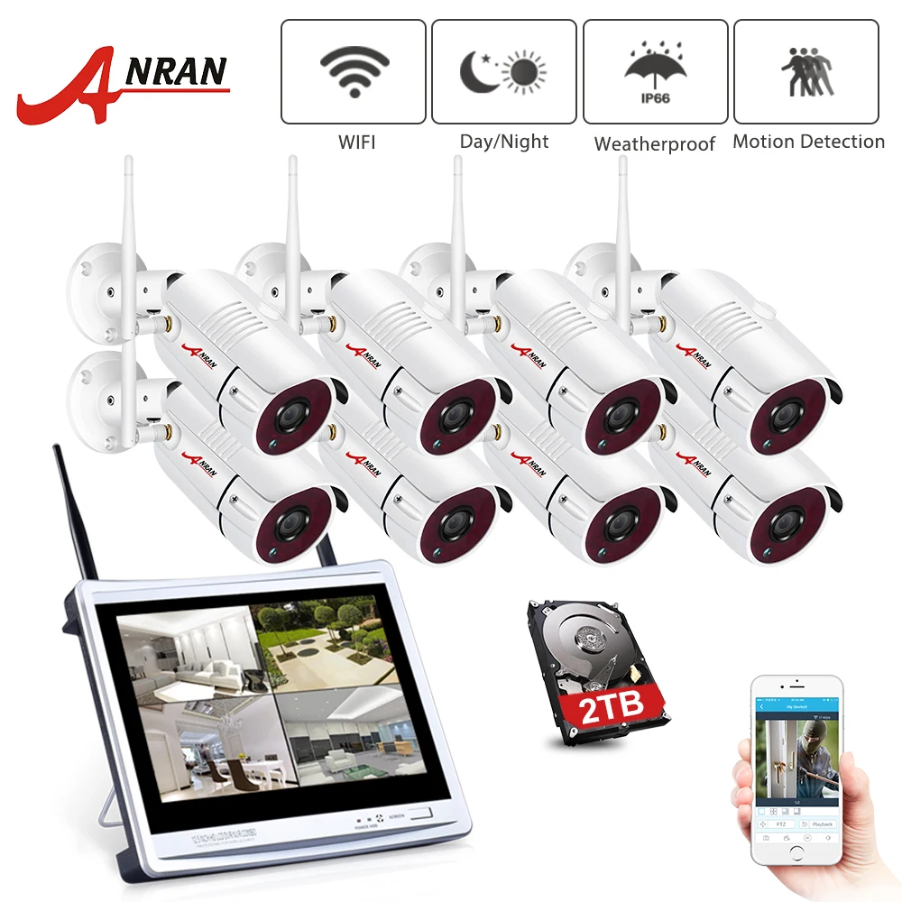 ANRAN WIFI 2 мегапиксельная 12 дюймовый ЖК экран NVR комплект система камер домашней