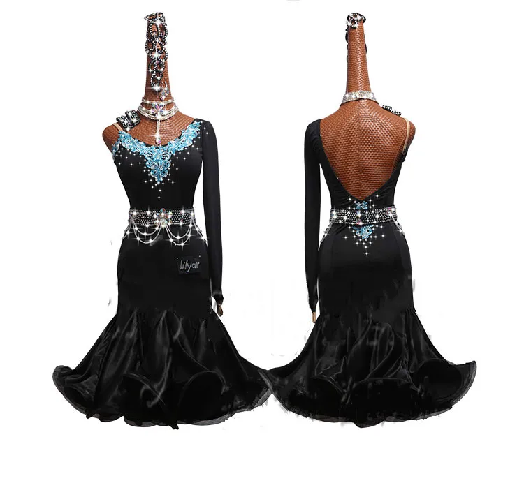 

Sparkly Rhinestones Latin Dance Dress Women Dancing Performance Competition Clothes Sexy Off Shoulder Fishbone Coiling Dresses