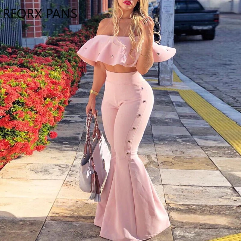 

Off Shoulder Ruffles Top & Bell-Bottom Pant Sets
