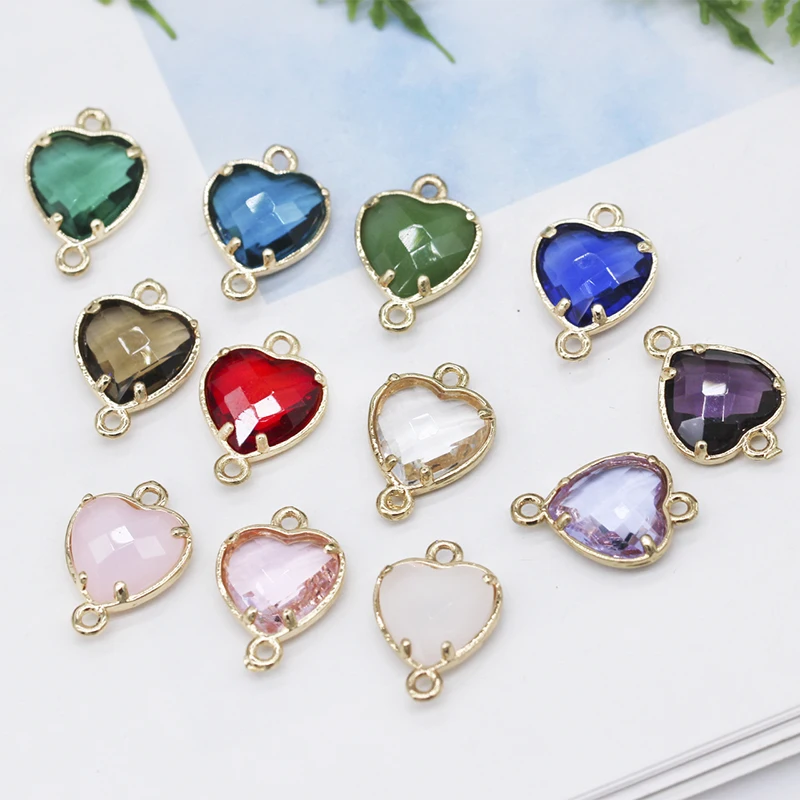 

10mm Heart shape Faceted Framed Glass Pendants Earring Findings Necklace Connector 2-Loops jewelry Making Gold Metal Charm beads