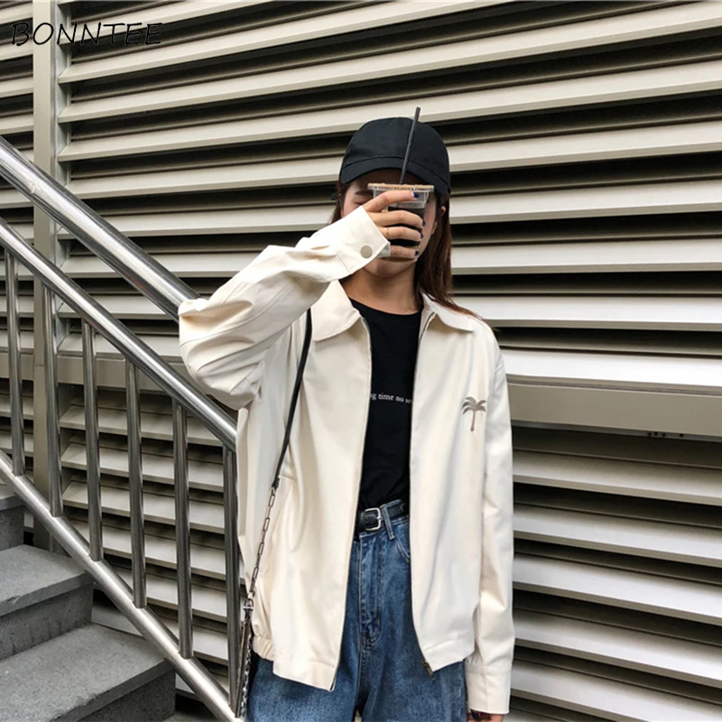 Куртки женские Harajuku вышивка милые свободные однотонные простые студенческие длинные базовые куртки корейский стиль женские s молния
