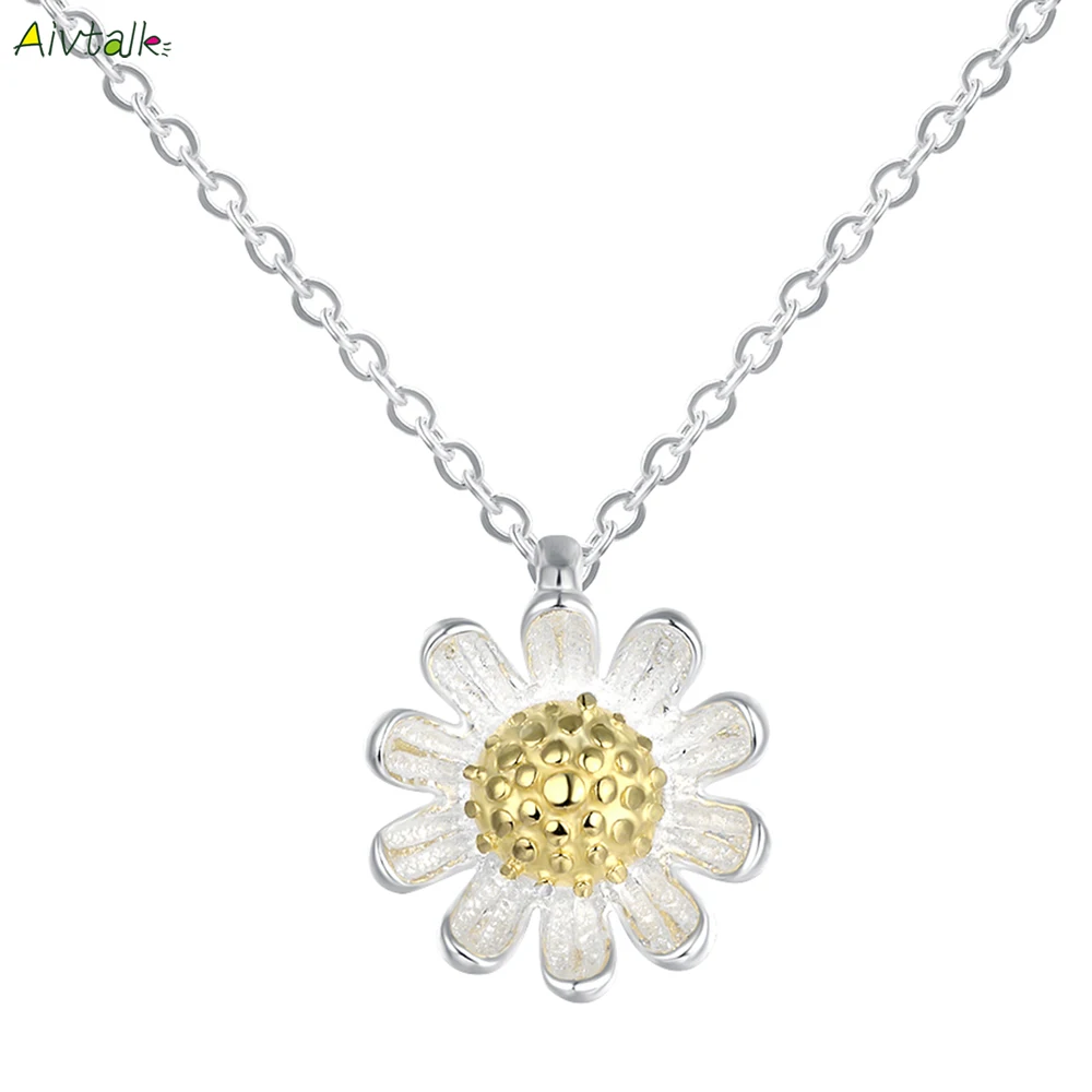Aivtalk Small Daisy Shaped Necklace for Women 925 Sterling Silver Chain
